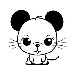 black and white vector illustration of a baby mouse with a sad face, sitting alone on a white background