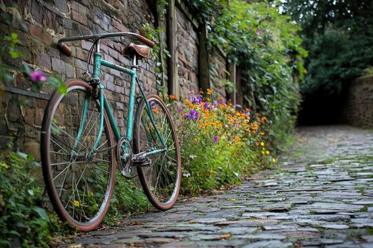 A vintage teal bicycle leans against a brick wall beside a cobblestone path lined with colorful flowers.