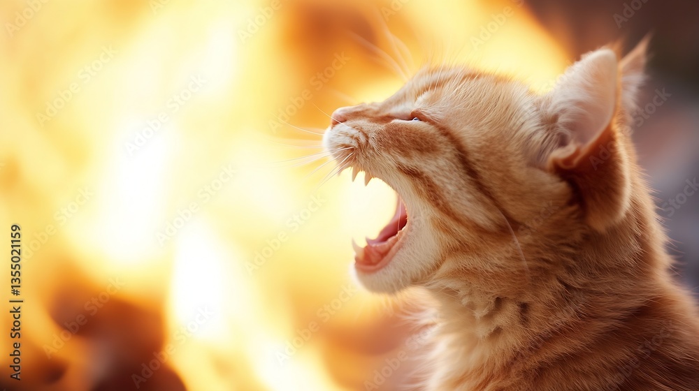 Aufkleber Cute ginger cat yawning widely with fire in background creating a dramatic and playful scene : Generative AI