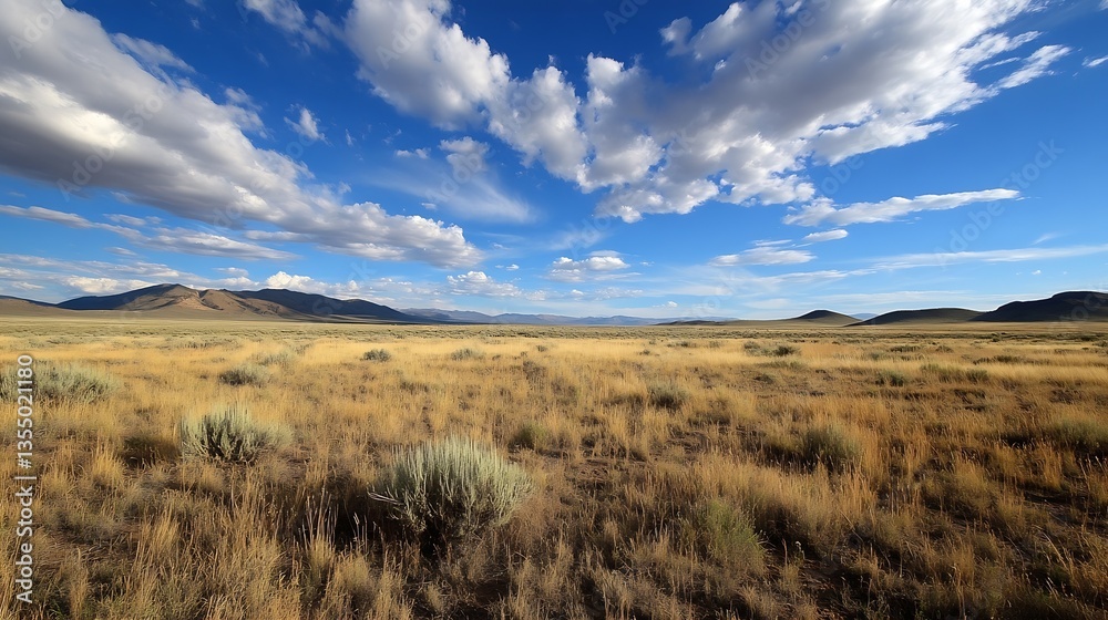 Poster expansive view of a golden grassy field under a bright blue sky with fluffy clouds : generative ai