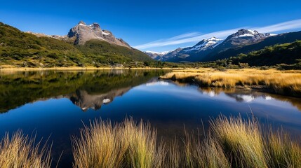 Fototapeta premium Stunning landscape of a serene mountain lake reflecting the blue sky and surrounding rugged terrain : Generative AI