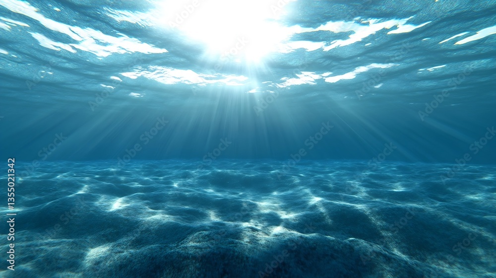 Poster Underwater view showcasing mesmerizing light rays filtering through the deep blue ocean waters : Generative AI