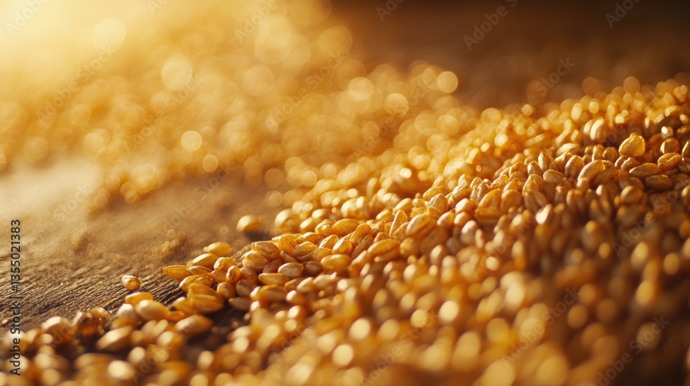Aufkleber golden wheat grains scattered on a rustic wooden table with warm reflections and soft lighting for a