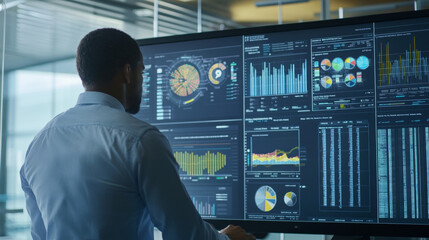 A business analyst compiles reports using a Data Management System, integrating KPIs and database-driven insights to develop corporate strategies in finance, sales, and operations