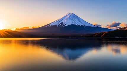 Fototapeta premium Breathtaking view of Mount Fuji reflecting beautifully in a calm lake during sunset : Generative AI