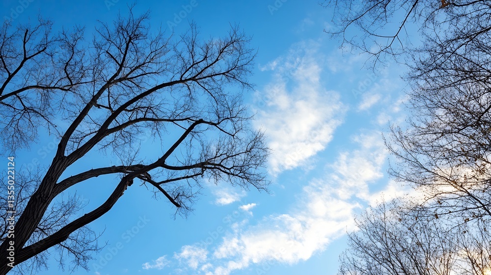 Poster beautiful blue sky with wispy clouds framed by leafless winter trees : generative ai