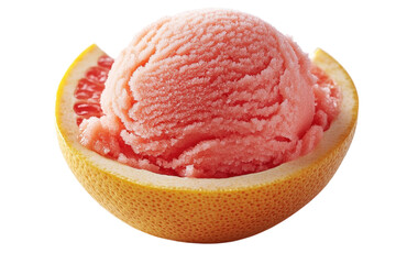 A refreshing scoop of pink grapefruit sorbet nestled in a juicy grapefruit half, a summery delight with bright, clean visuals.