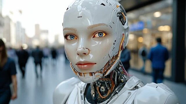A humanoid robot stands prominently in a bustling city street, attracting the attention of passersby. People can be seen curiously observing and engaging with the lifelike machine
