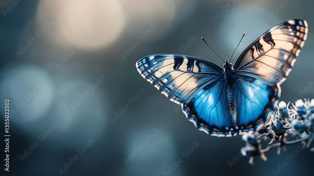 Aufkleber closeup of a beautiful blue butterfly resting on a delicate flower with soft blurred background : ge