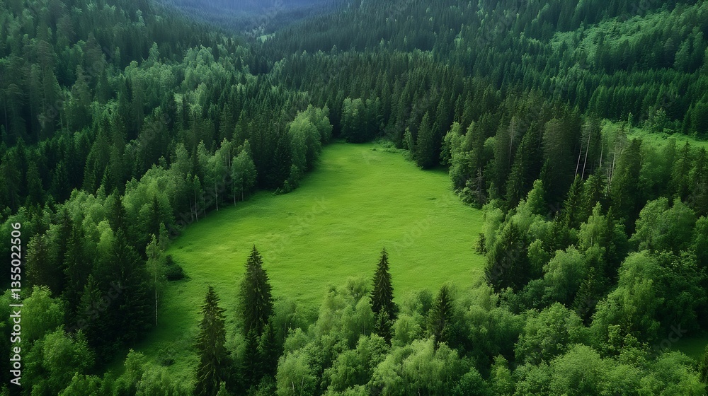 Poster aerial view of lush green forest and open meadow surrounded by towering trees and rolling hills : ge