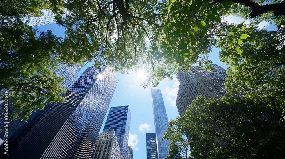 Aufkleber urban jungle view from below with skyscrapers and green trees on a sunny day : generative ai
