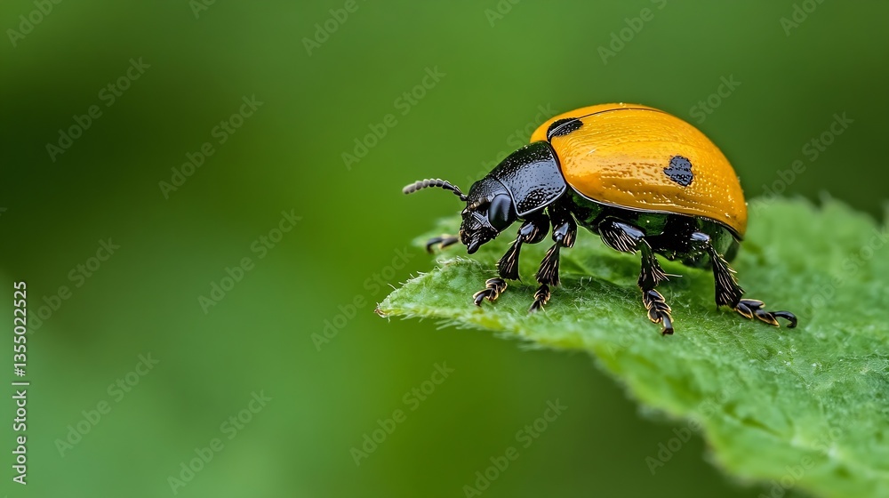 Poster close up of a vibrant yellow and black beetle perched on a green leaf in a detailed macro shot : gen