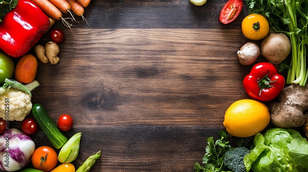 Poster colorful arrangement of fresh vegetables on a wooden table creating a vibrant backdrop : generative 