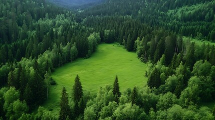 Aerial view of lush green forest and open meadow surrounded by towering trees and rolling hills : Generative AI