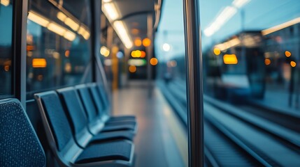Fototapeta premium Interior of a modern tram showing empty seats and blurred view of the city at dusk creating a calm ambiance : Generative AI