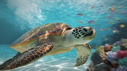 Obraz premium Red Sea Turtle Swimming Gracefully Near Coral Reef