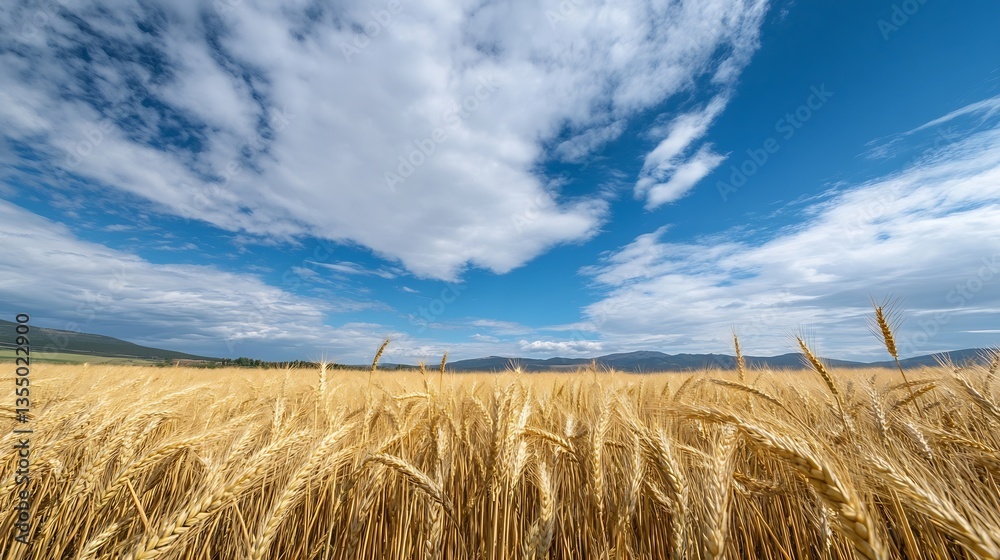 Poster Vast Wheat Fields Under a Blue Sky with Fluffy Clouds on a Clear Day : Generative AI