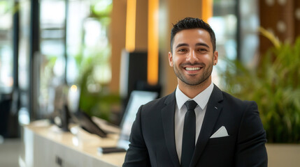 Fototapeta premium Professional smiling receptionist at modern office business environment portrait view corporate hospitality