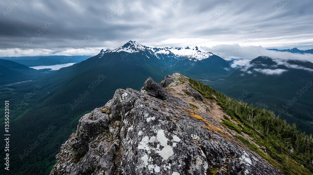Poster a breathtaking panoramic view of mountains shrouded in clouds from a rocky mountain peak : generativ