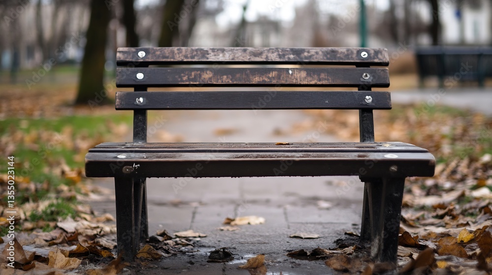 Poster wooden bench covered in autumn leaves in a park creating a tranquil and peaceful outdoor setting : g