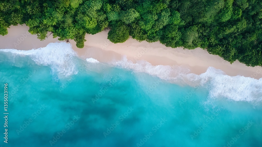 Poster aerial view of a pristine beach meeting turquoise ocean waves : generative ai