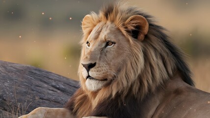 Obraz premium Lion Resting on a Rock in a Grassy Habitat