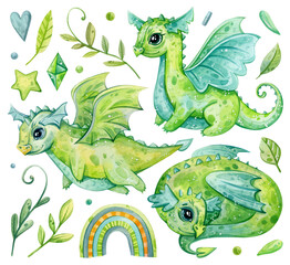 Watercolor hand painting green cute dragon illustration set. Isolated on white background. Floral, plants, stars, nature, rainbow, gems. Use it for cards, invitations and scrapbooking.