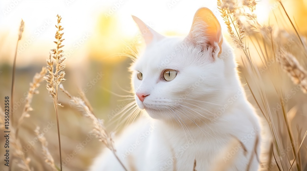 Aufkleber gentle white cat resting in golden grass under soft sunlight with a peaceful expression : generative