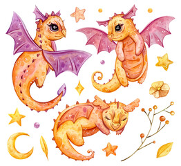 Watercolor hand painting orange cute dragon illustration set. Isolated on white background. Floral, plants, stars, nature, hearts, gems. Use it for cards, invitations and scrapbooking.