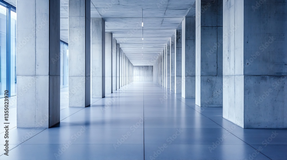 Poster modern concrete corridor showcasing minimalist design with smooth floors and beams of natural light 