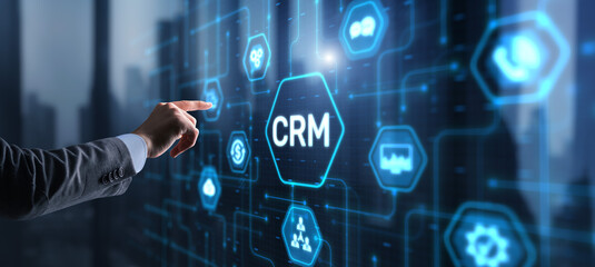 CRM Customer Relationship Management. Businessman clicks. Business Internet Technology Concept