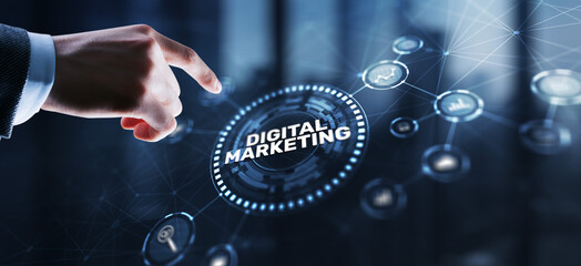 Digital online marketing. Analysis sale data graph growth on modern interface icons