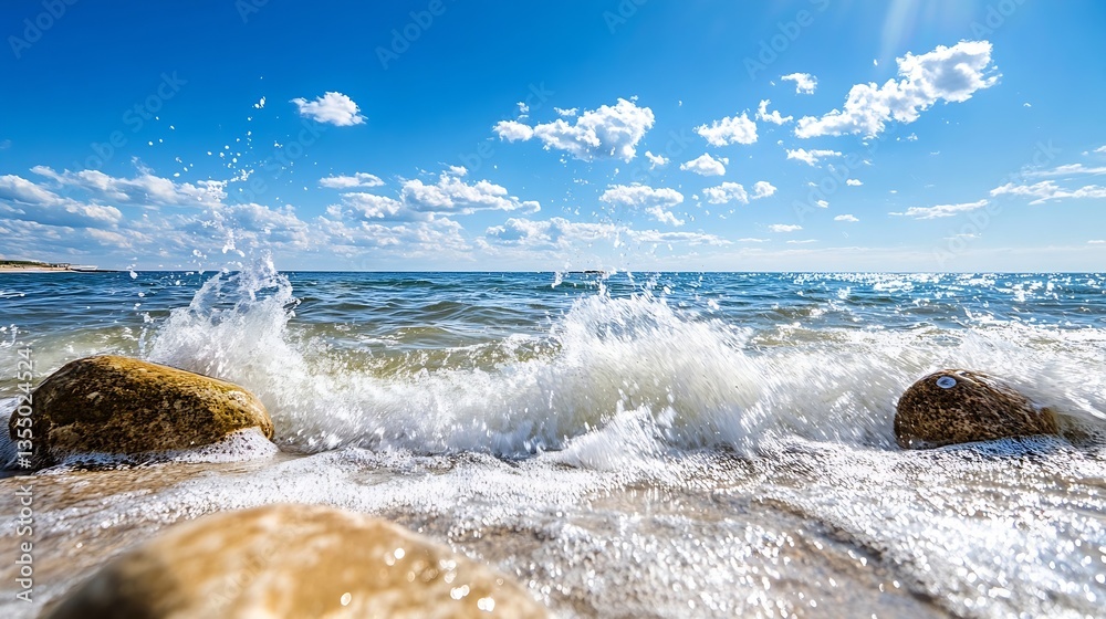Poster dynamic view of ocean waves crashing over rocky shore under bright blue sky with fluffy clouds : gen