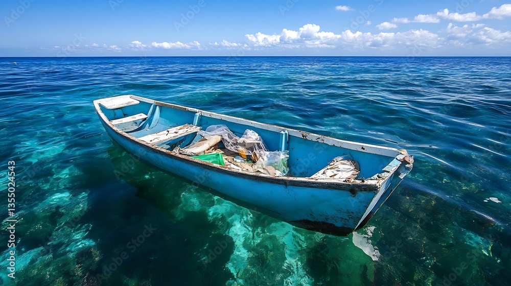 Aufkleber Abandoned boat floating in clear turquoise waters creating an eyecatching oceanic image : Generative AI