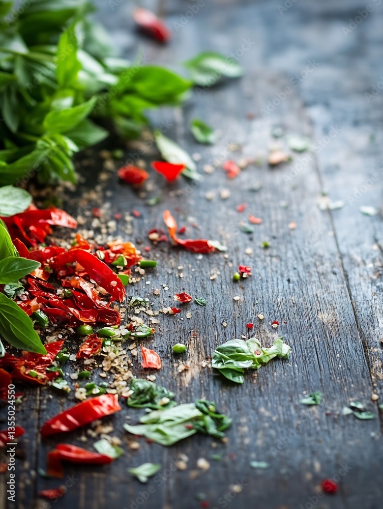 Aufkleber colorful mix of dried red chilies with fresh basil leaves on weathered wooden table creating vibrant