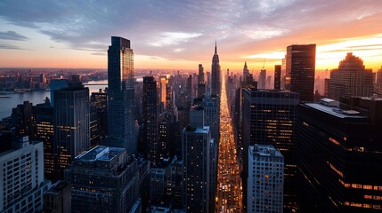 Naklejka premium Breathtaking sunset over the New York City skyline showcasing vibrant colors and iconic buildings : Generative AI