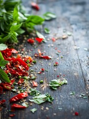 Fototapeta premium Colorful mix of dried red chilies with fresh basil leaves on weathered wooden table creating vibrant culinary scene : Generative AI