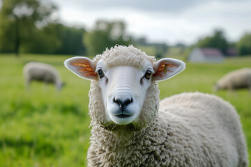 Obraz premium Sheep grazing on green meadow on farm in the background