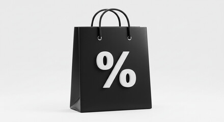 A sleek black shopping bag promising incredible savings, a symbol of irresistible deals and exciting discounts, boldly displaying a large white percentage sign against a minimalist white background.