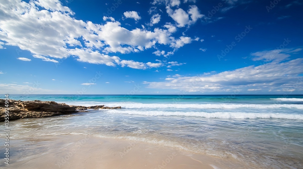 Poster beautiful scenic view of a tranquil beach with soft waves and fluffy clouds under a bright blue sky 