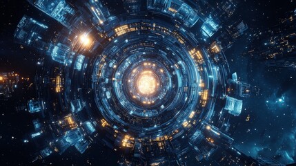 Fototapeta premium A mesmerizing, glowing circular structure floats in the vastness of outer space, emitting blue and orange lights. The intricate design and futuristic appearance hint at advanced space technology and