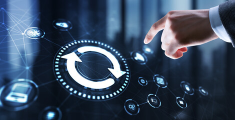 Businessman touching icon Update software application. Hardware upgrade technology concept