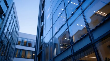 Modern urban architecture with glass buildings reflecting the evening sky in a cityscape : Generative AI