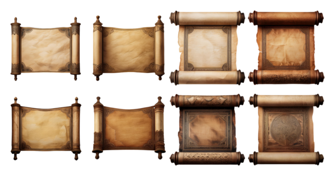 Vintage Scrolls and Parchments Collection for Art and Design Use, PNG bundle collection, Isolated on Transparent Background