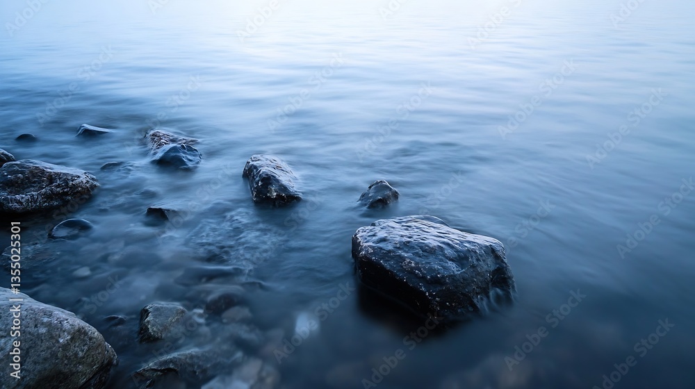 Poster tranquil waters softly lapping against smooth stones in a serene landscape at dusk : generative ai