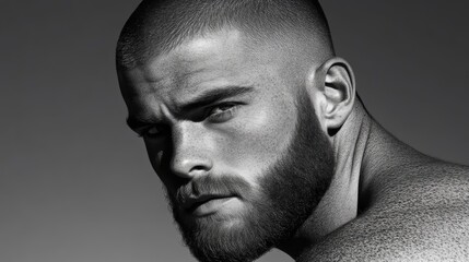 Close-up portrait of a man with a short haircut and beard.  A serious expression and strong features are highlighted