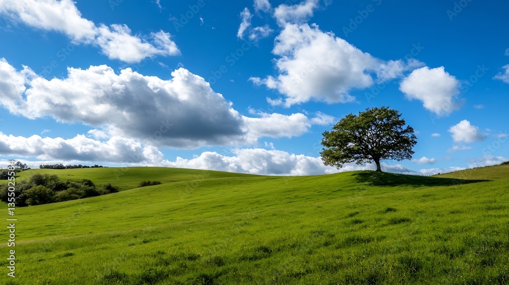 Poster expansive view of green hills and a solitary tree under a beautiful blue sky with clouds : generativ