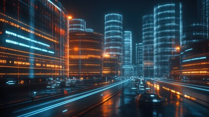 Fototapeta premium Futuristic Cityscape at Night Neon Lights Digital Data Skyscrapers Highway