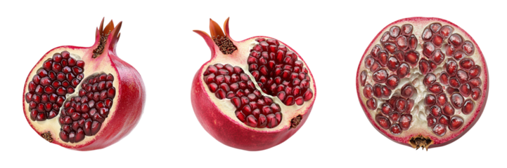 Fresh pomegranate fruit, sliced open to reveal juicy seeds and vibrant color. Perfect for healthy eating and culinary uses