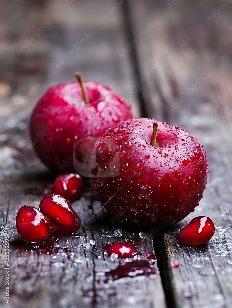 Aufkleber fresh juicy red apples with droplets of water placed on rustic wooden background highlighting their 